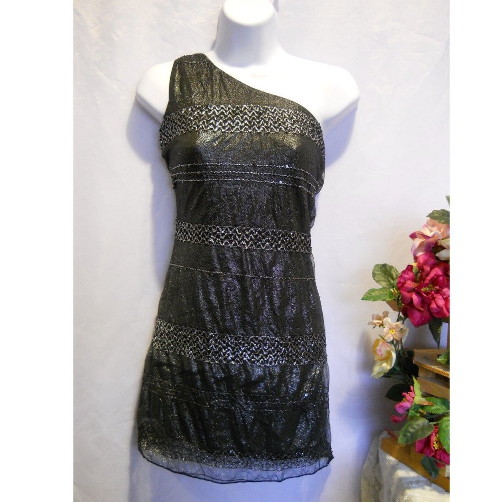 Moonstar Women's Mini Dress Tulle-Overlay One-Shoulder Black Size S **NWT